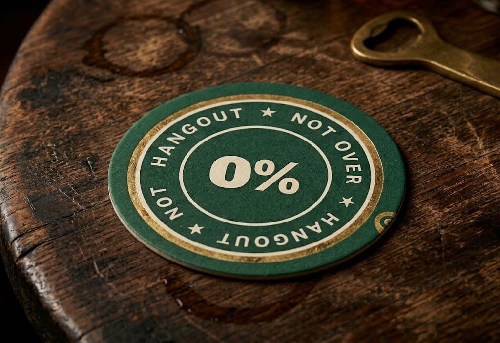 A Hangout Not Over beer mat on a worn pub table, with wet rings where drinks have been